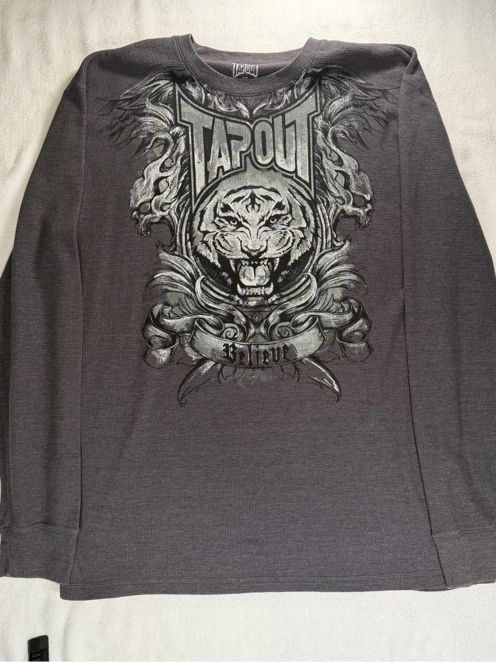 Tapout Skull Graphic Long Sleeve Shirt XXL Gray MMA Y2K Streetwear Waffle Knit